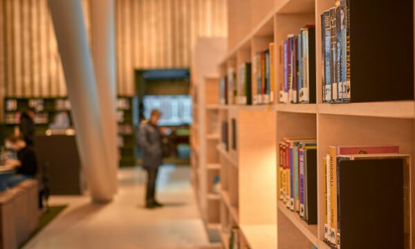 Bookshelves filled with colorful books in a modern library, with a person browsing in the background.